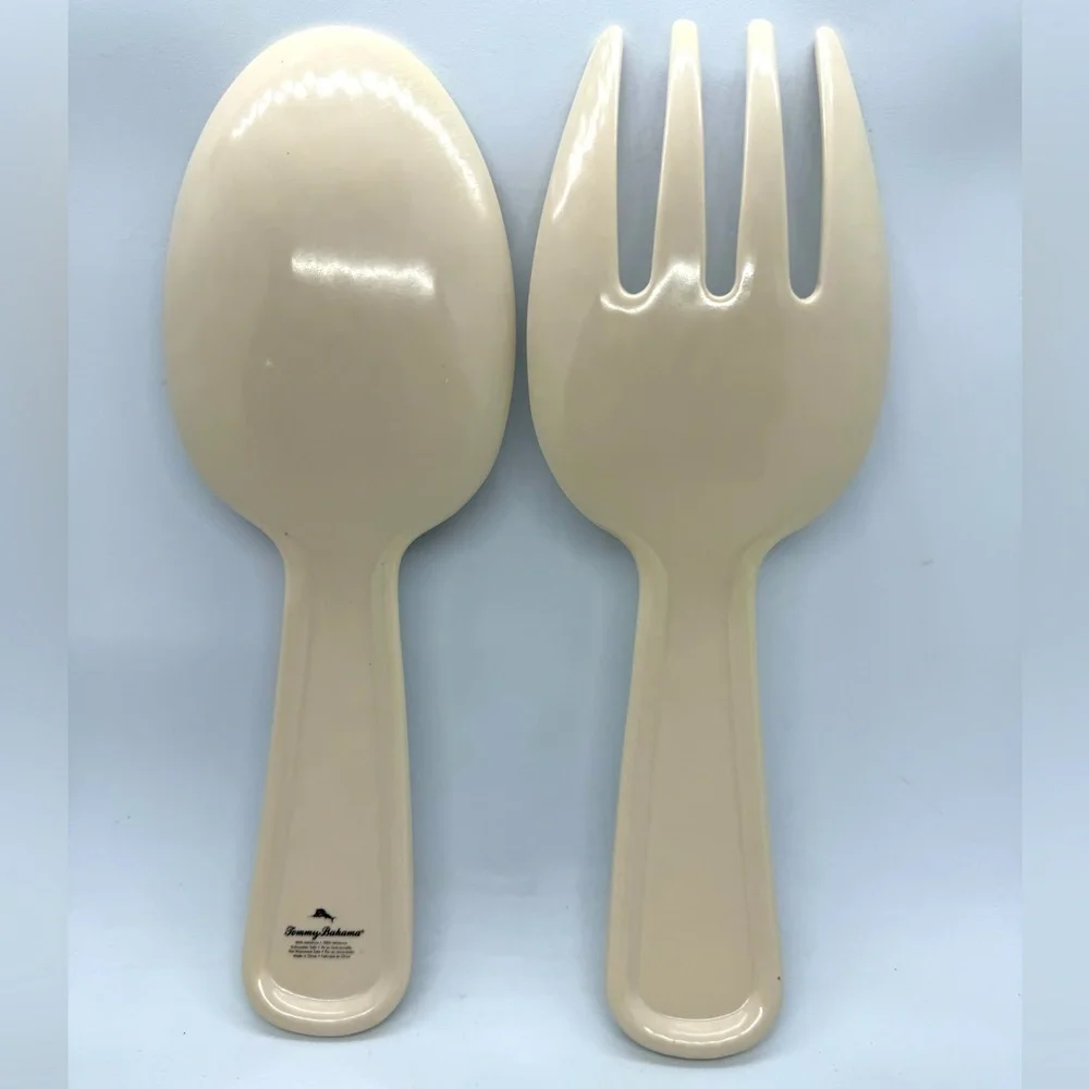 Tommy Bahama  Melamine Salad Serving Set Melamine Fork & Spoon Beige Crackle